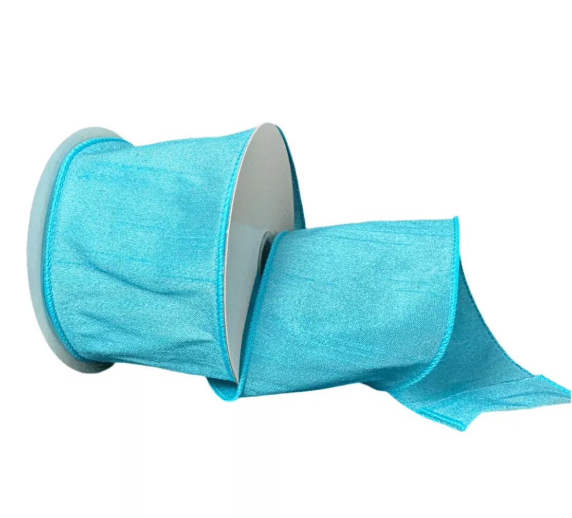Aquamarine solid faux dupioni, 2.5” wired ribbon