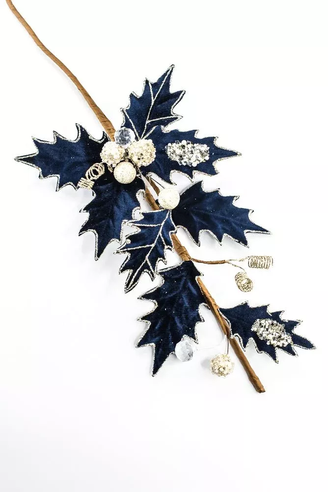 Artificial Blue Velvet Holly Berry With Glitter Spray - 25"