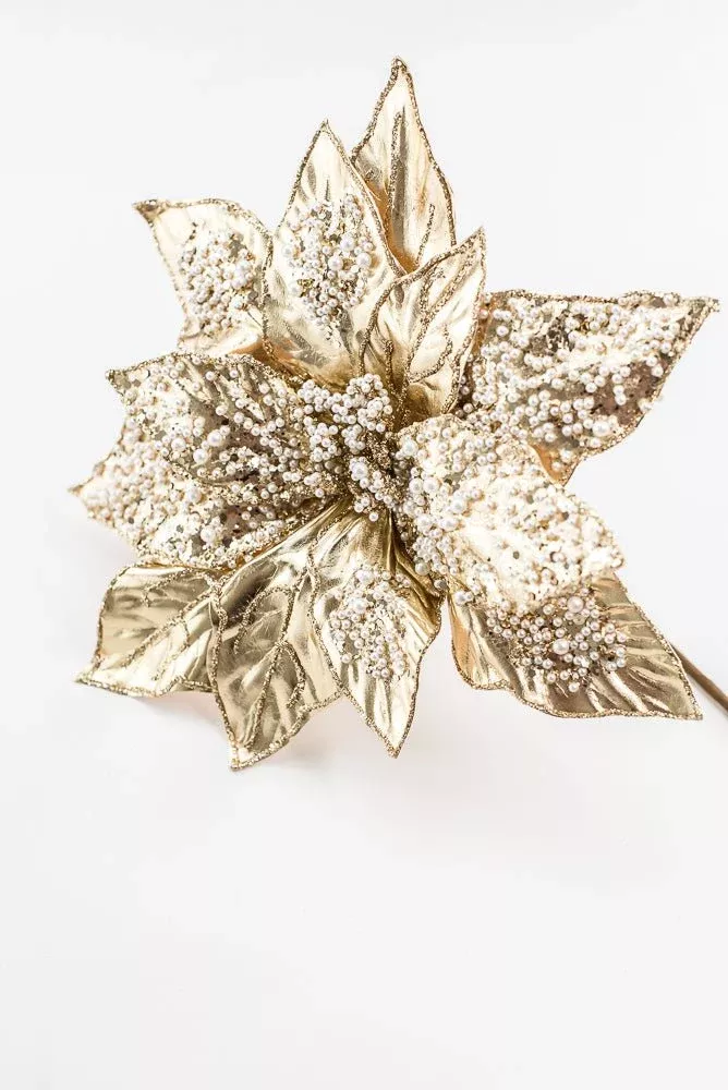 Artificial Champagne Metallic Poinsettia Stem With Pearl - 20"