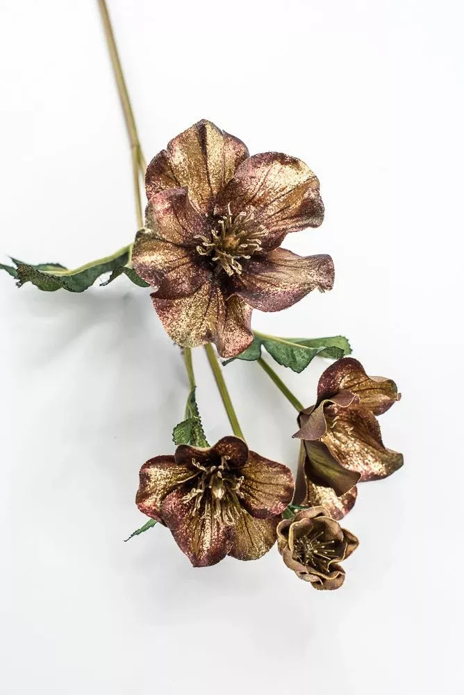 Artificial Coffee & Gold Glitter Helleborus Spray - 26"