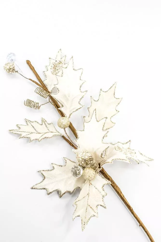 Artificial Cream Velvet Holly Berry With Glitter Spray - 25"