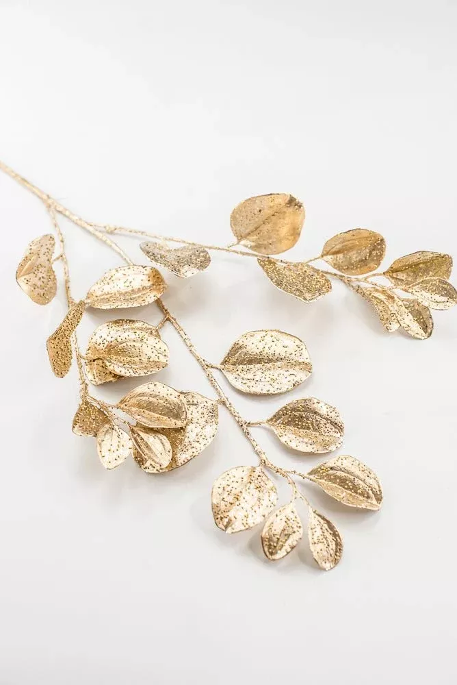 Artificial Gold Glittered Paddle Leaf Spray - 25"