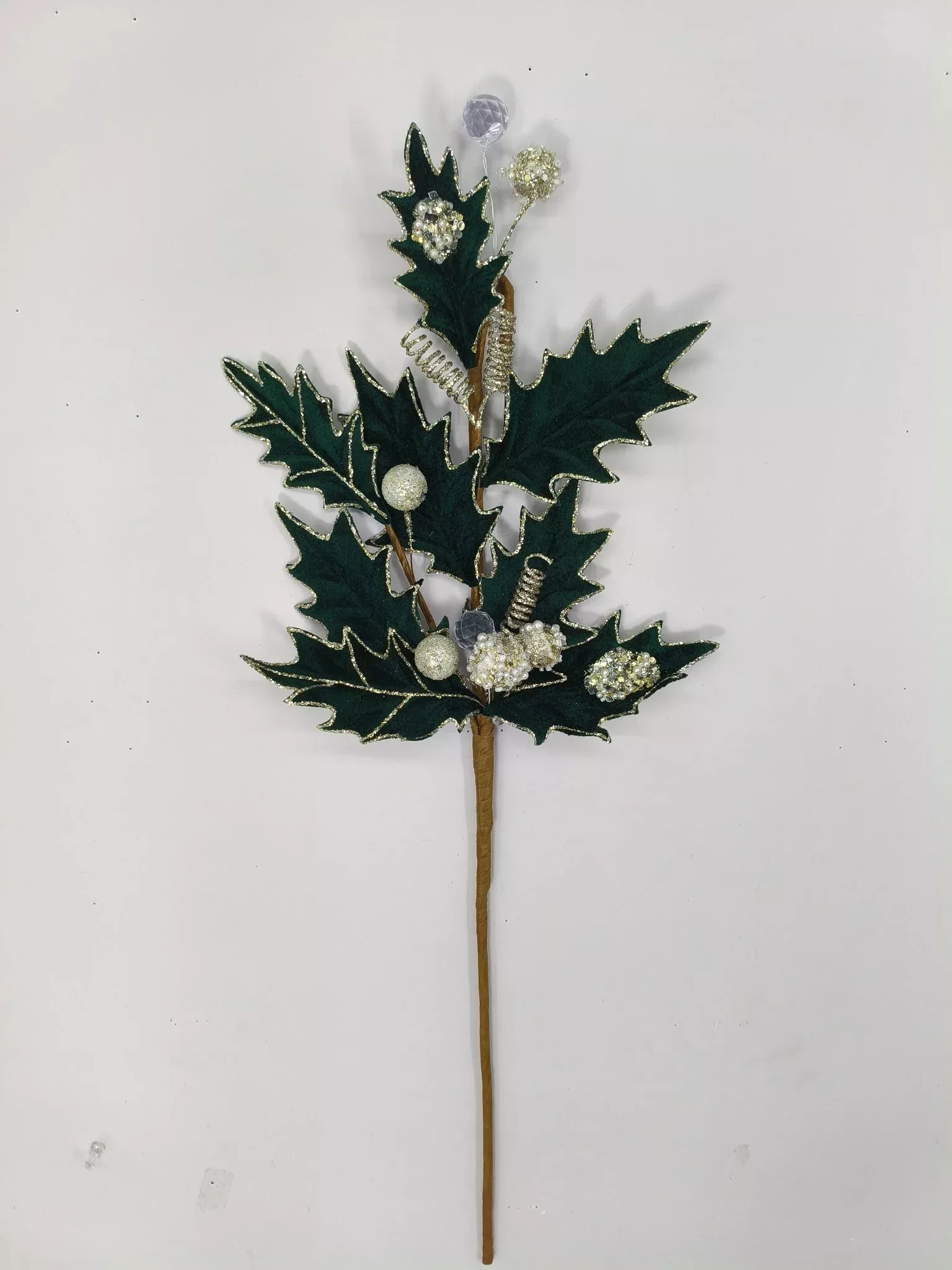 Artificial Green Velvet Holly Berry With Glitter Spray - 25"