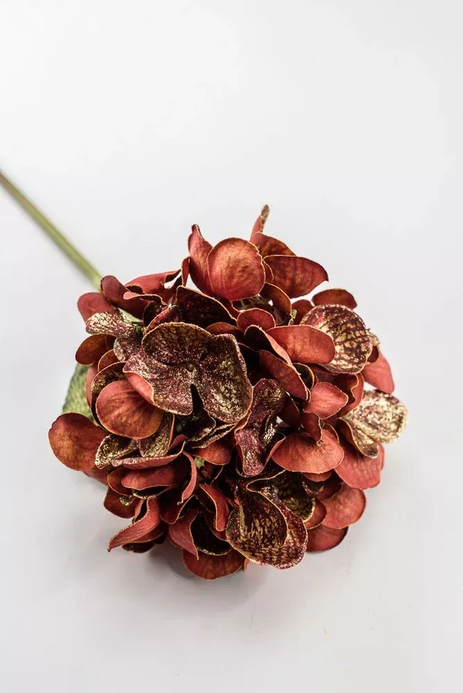 Artificial Red & Gold Glitter Hydrangea Spray - 22"