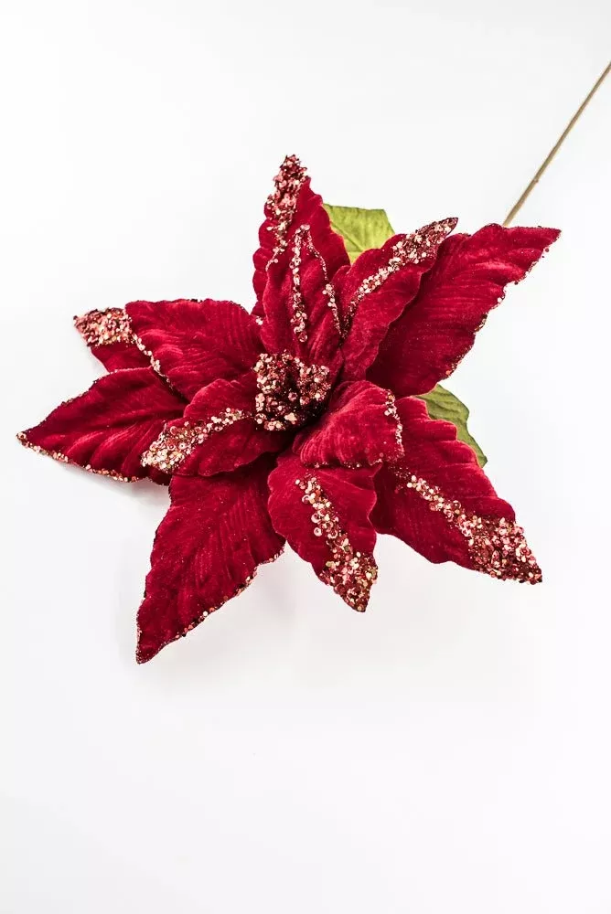 Artificial Red Sequin Velvet Poinsettia - 28"