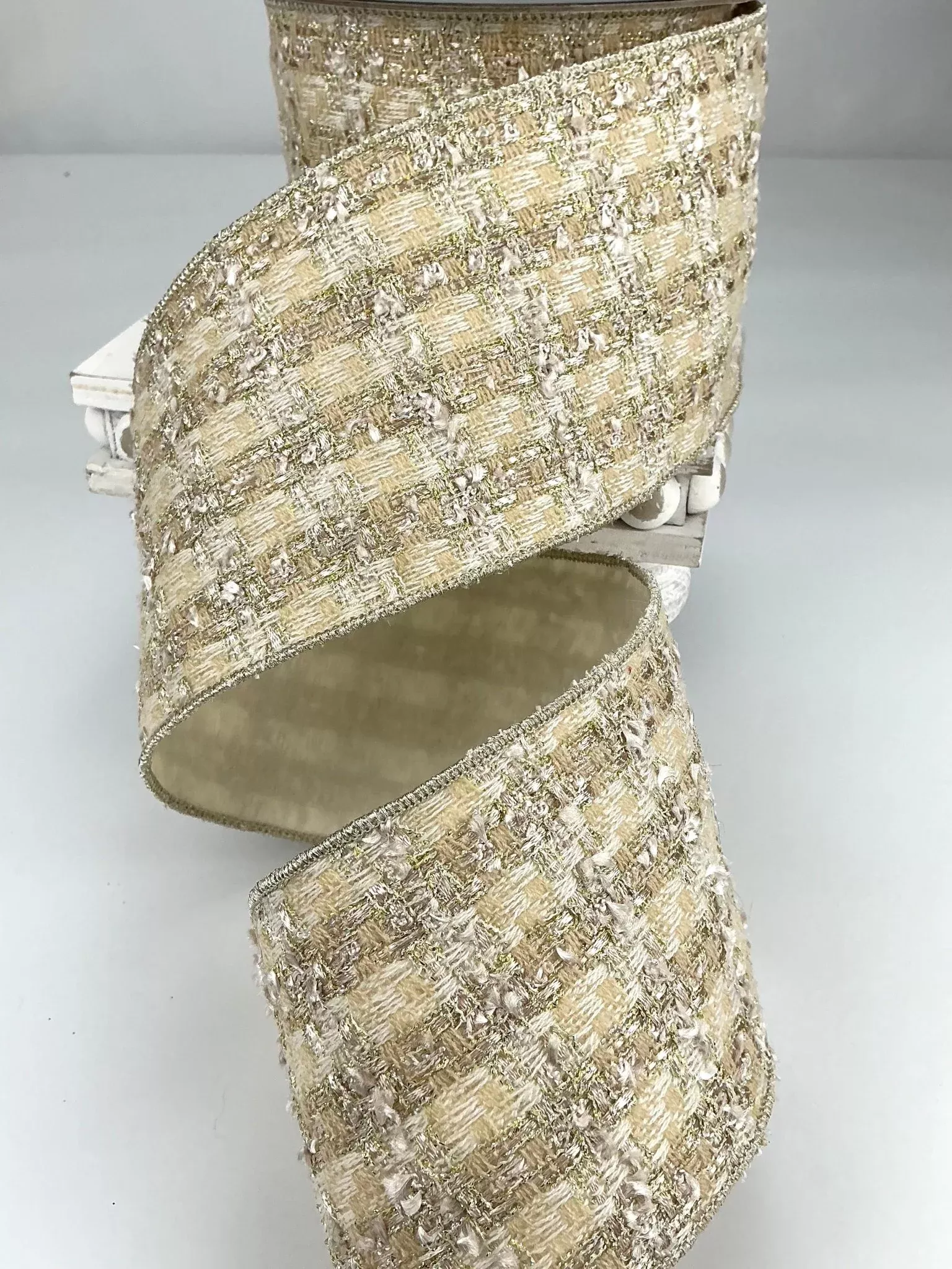 Beige tweed wired ribbon 4”