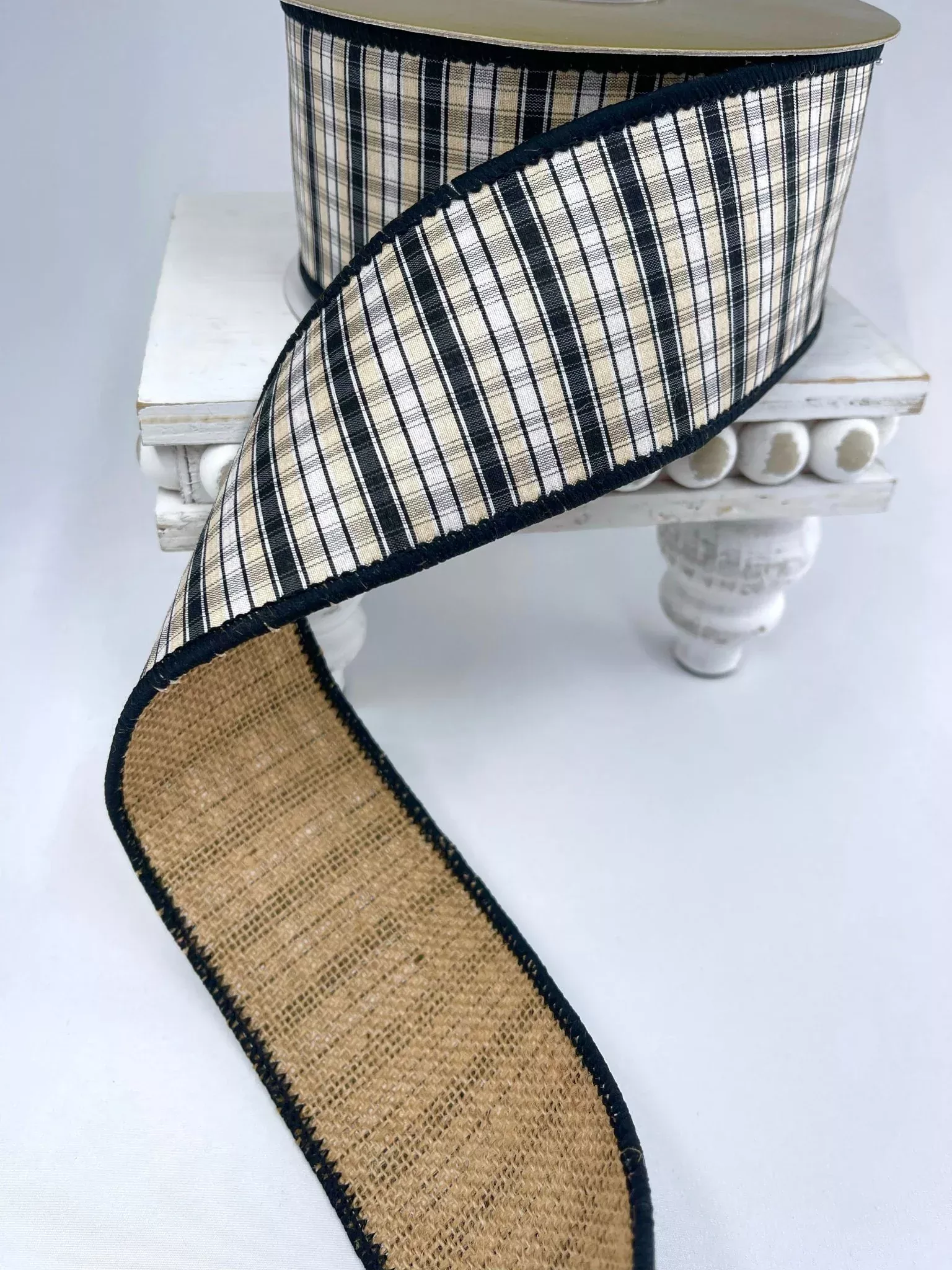 Black and cream plaid with burlap back ribbon - 2.5”
