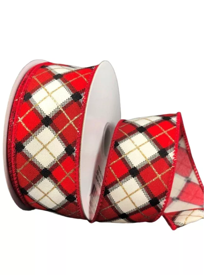 Black, cream, and red diamond plaid wired ribbon , 1.5"