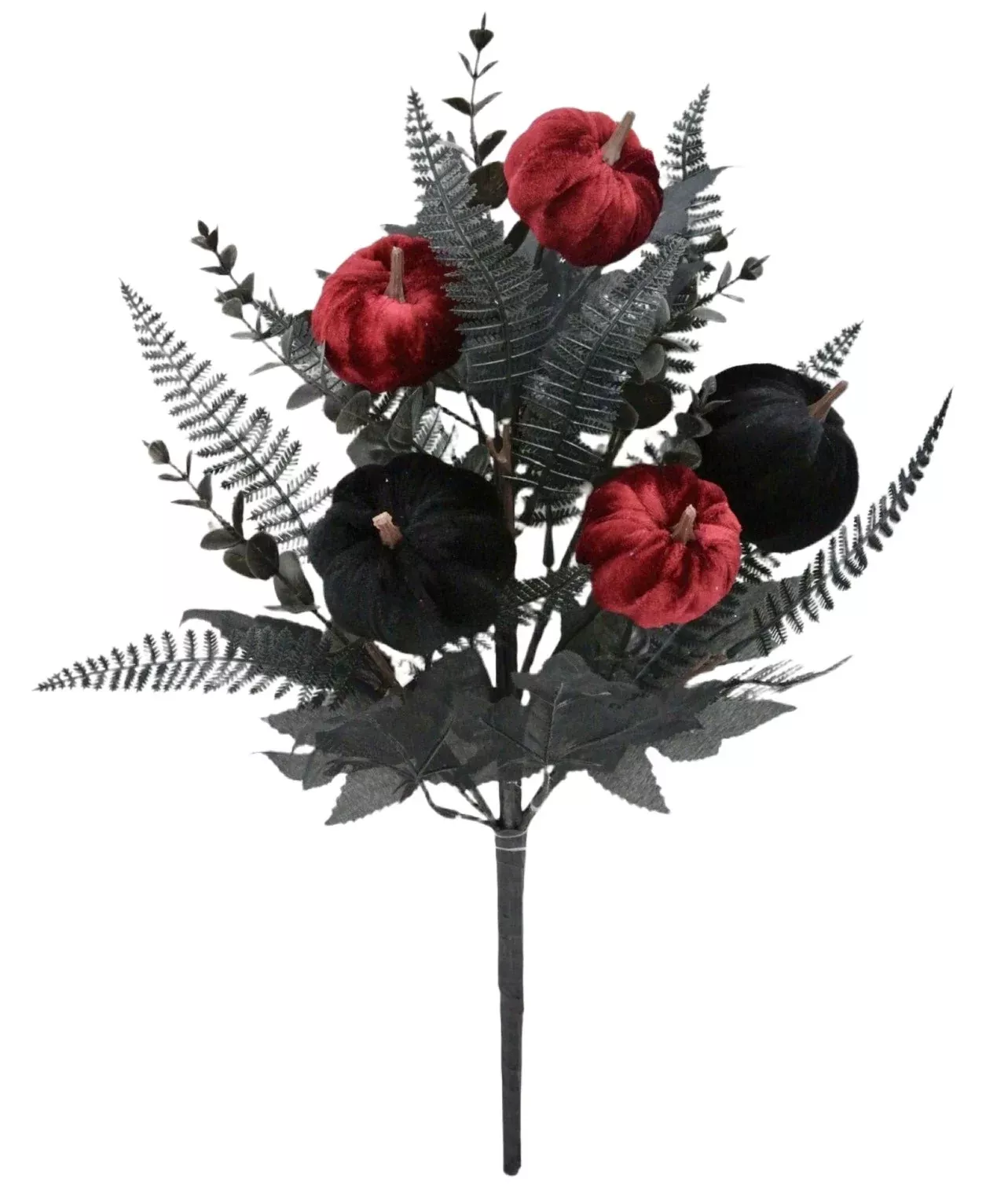 Black and deep red pumpkins and fern mix