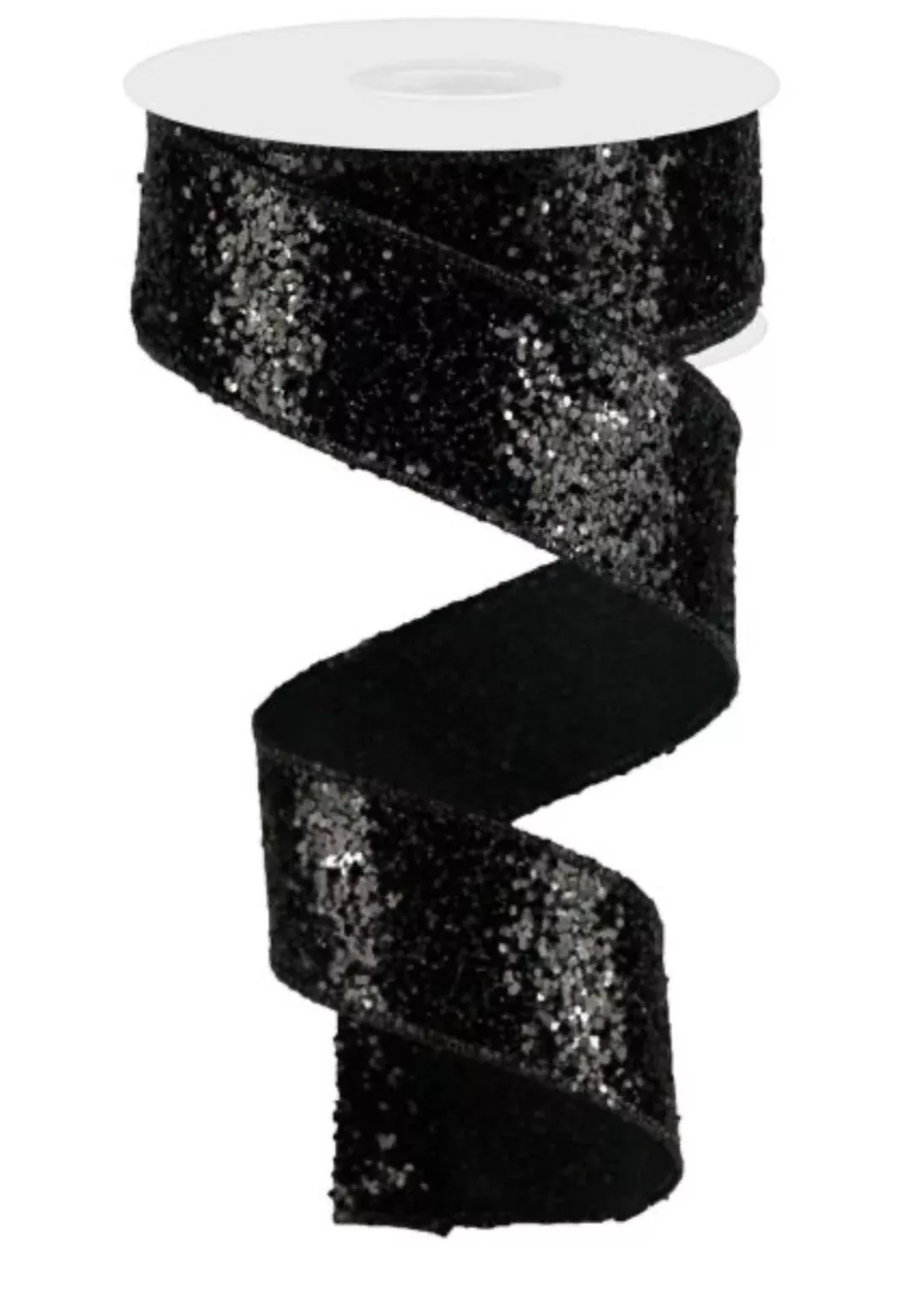 Black Solid Chunky Glitter Wired Ribbon 1.5”