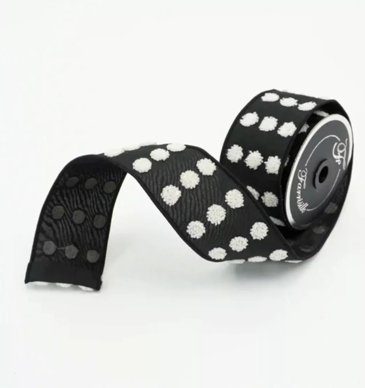 Black and white raised fuzzy polkadots 2.5” wired ribbon - farrisilk