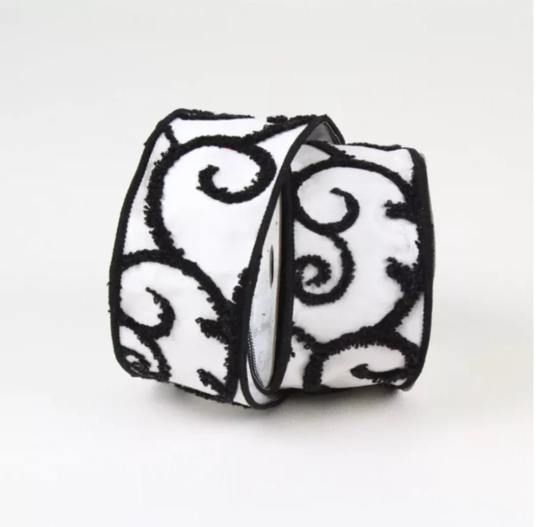Black and white raised swirls 2.5” wired ribbon