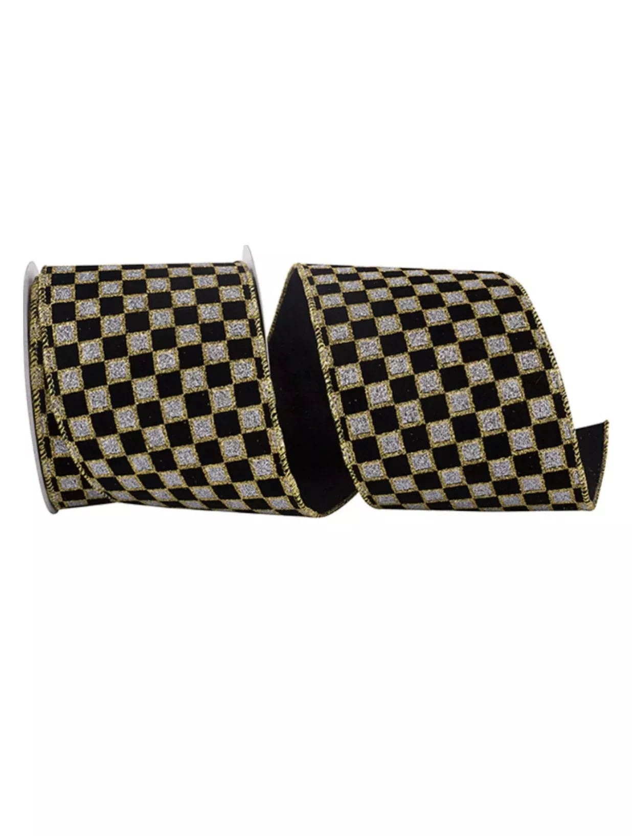 Black with gold glittered check 4” wired ribbon