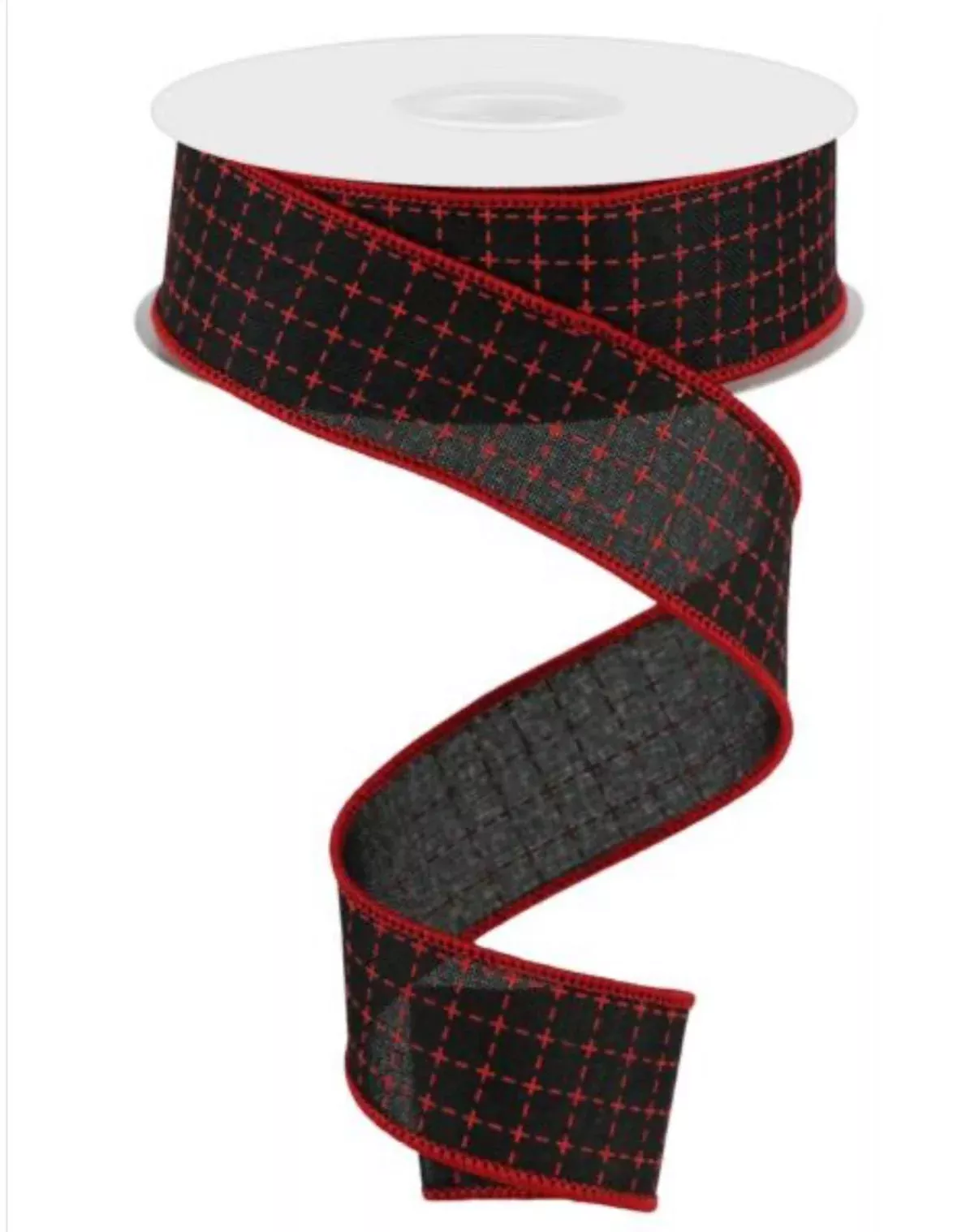 Black with red raised stitch wired ribbon 1.5"