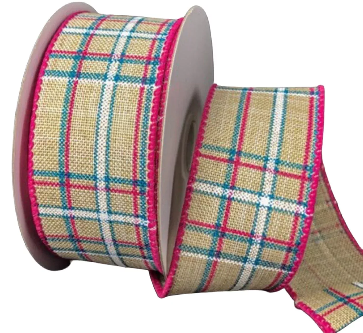 Blue and fuchsia pink plaid wired ribbon 1.5”