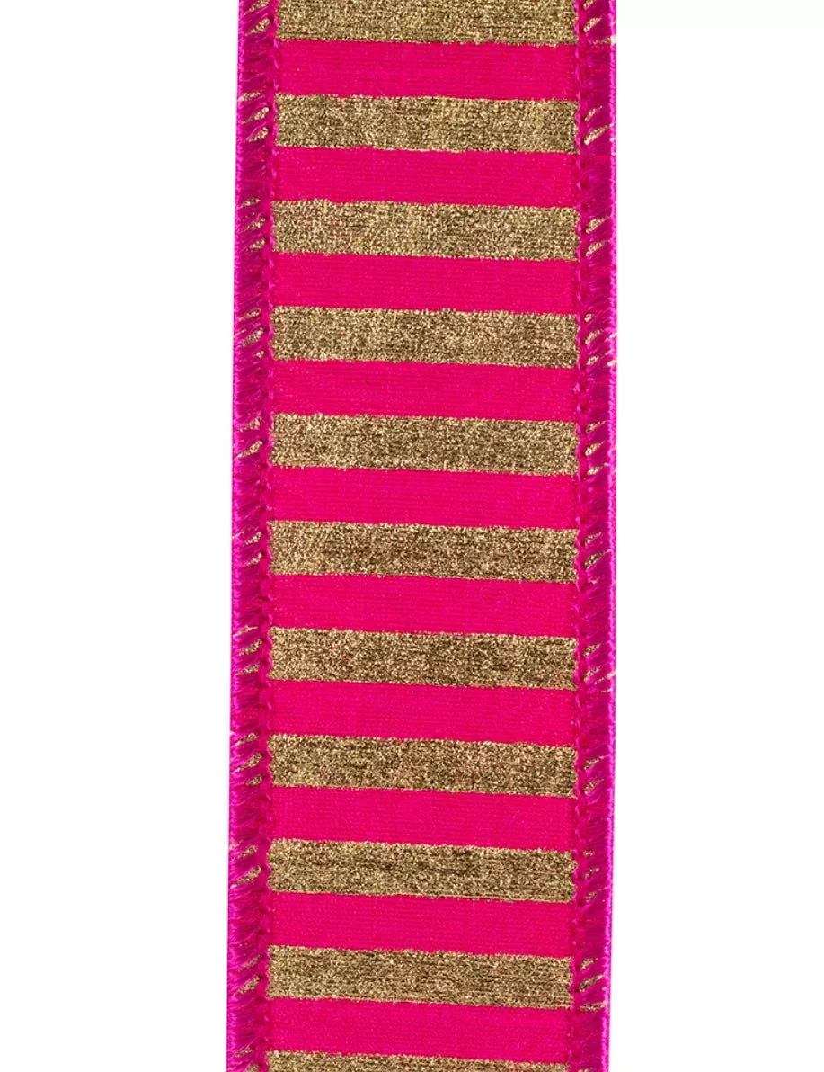 Bright Pink and Gold Stripe Wired Ribbon 1.5”