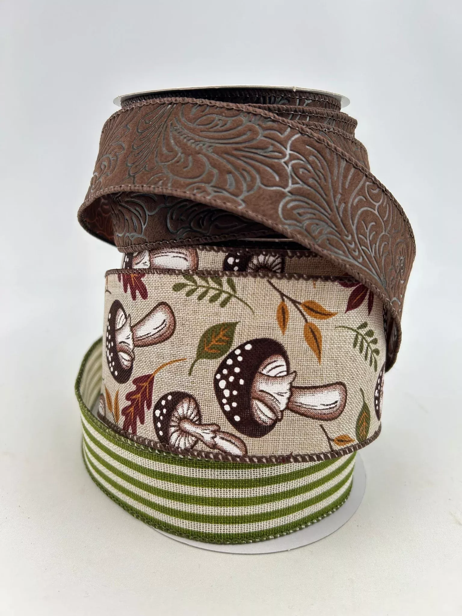 Brown Natural Mushrooms Bow Bundle x 3 Wired Ribbons