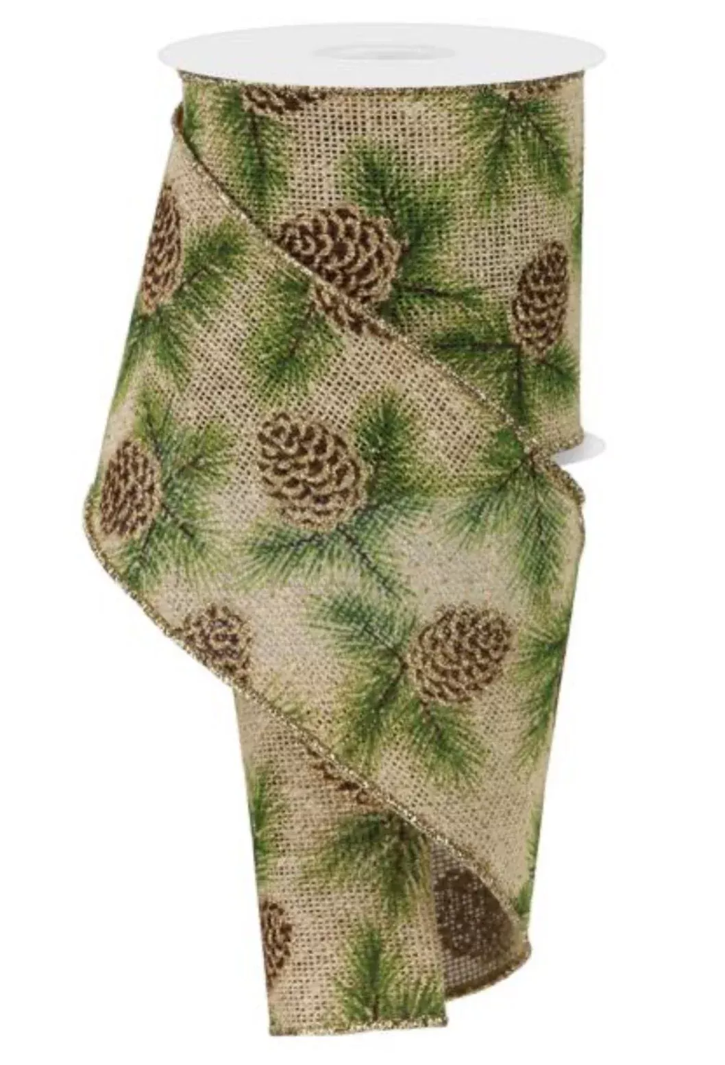 Burlap pinecone wired ribbon 4”