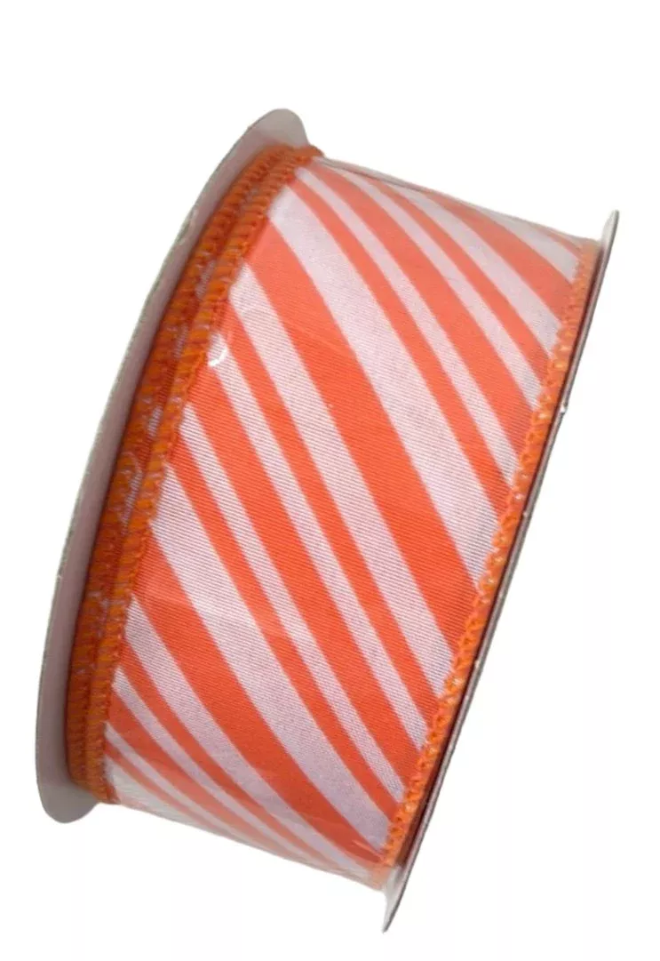 Coral and white stripe wired ribbon 1.5”