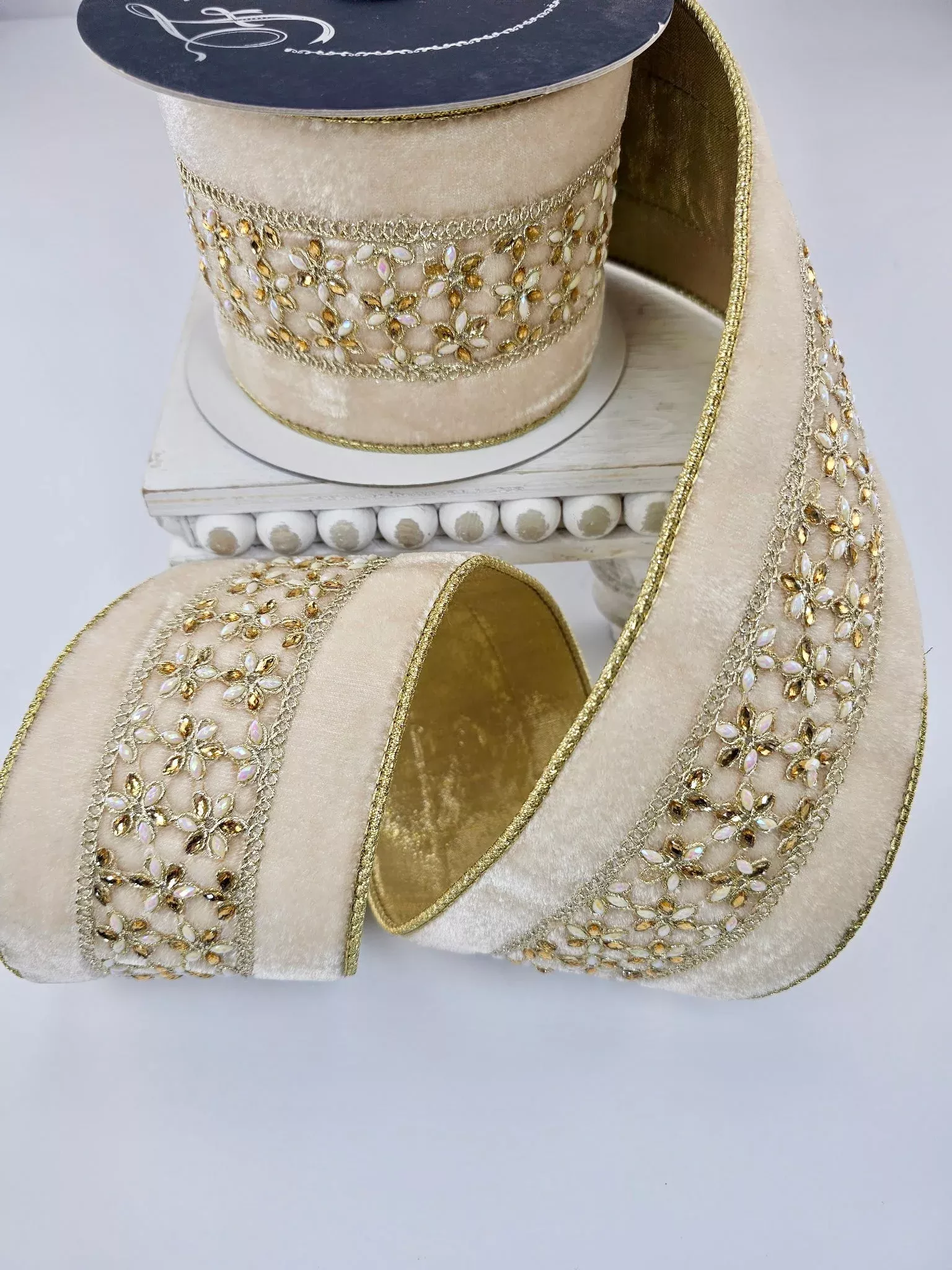 Cream Ambient Jewel Farrisilk Wired Ribbon - 4"
