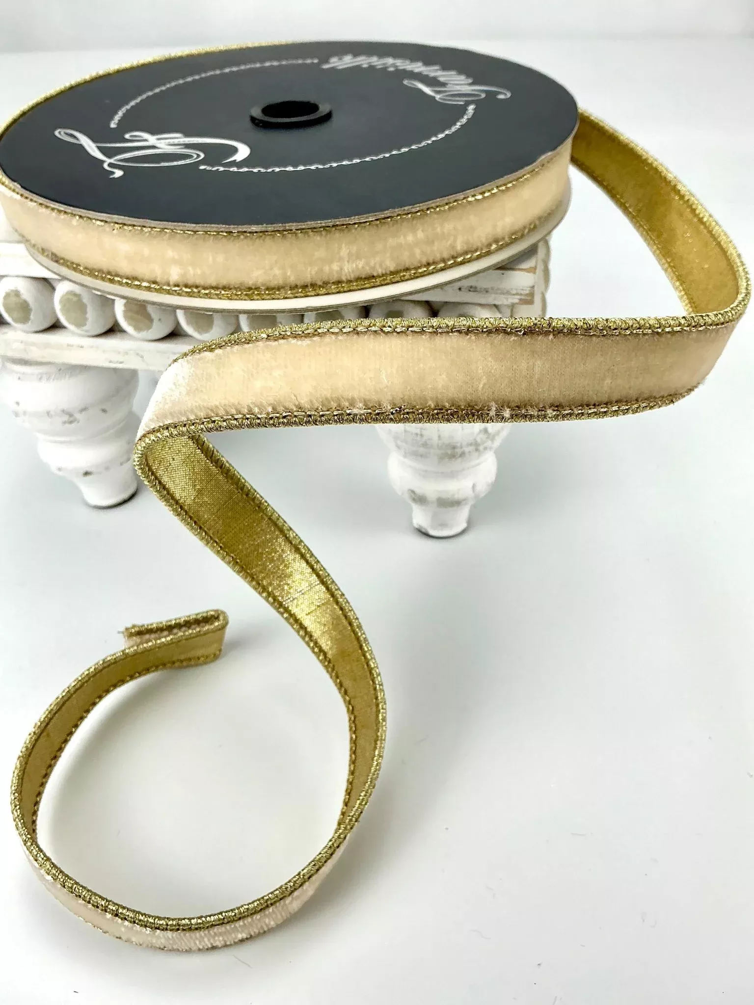 Cream flashy velvet luster .75” farrisilk skinny wired ribbon