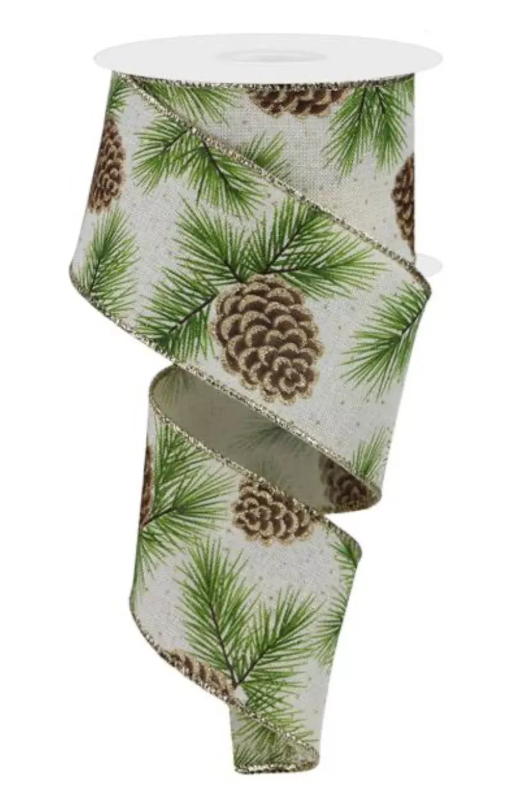 Cream pinecone wired ribbon 2.5”