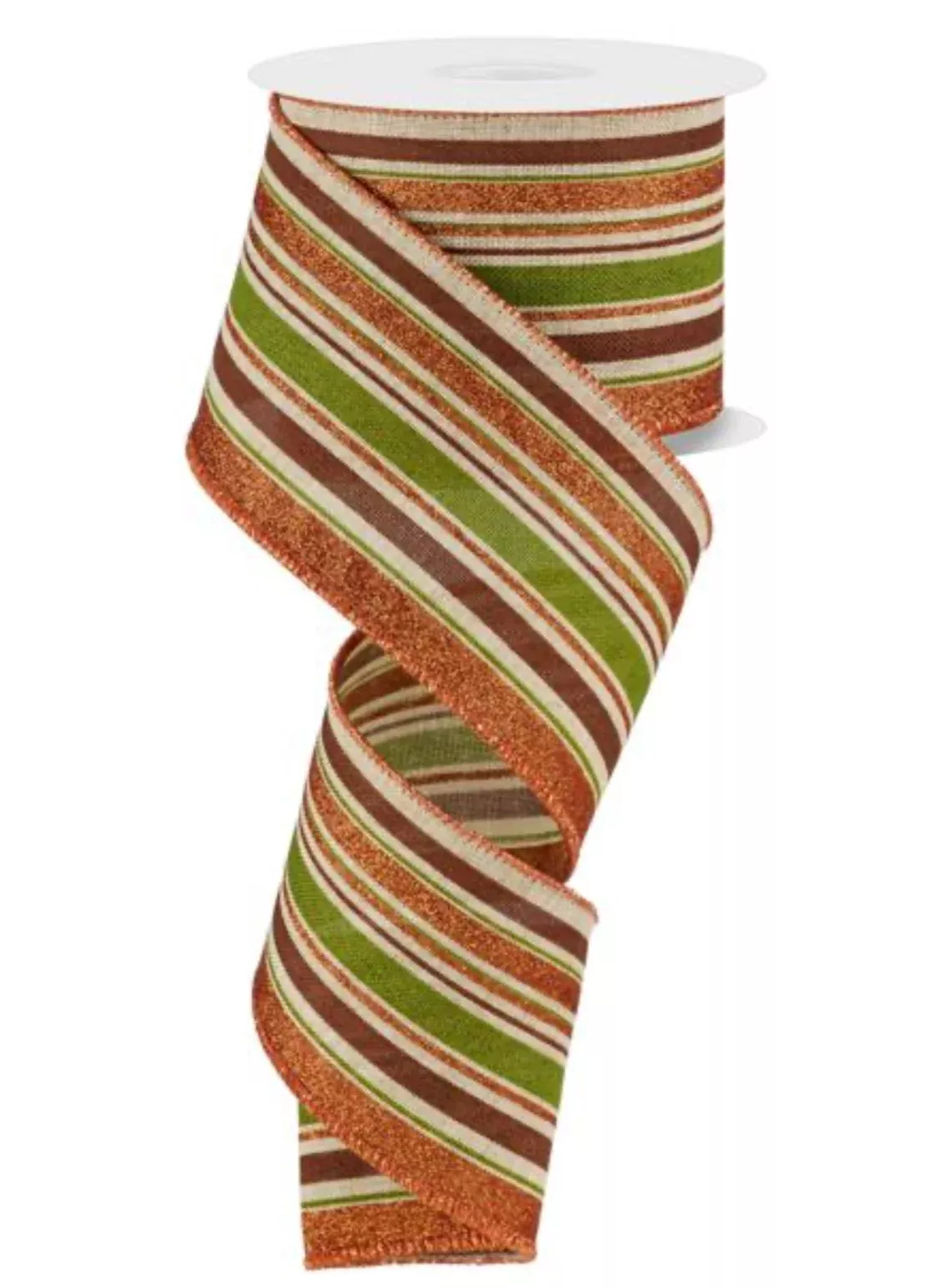Glittered moss and rust stripe wired ribbon2.5”
