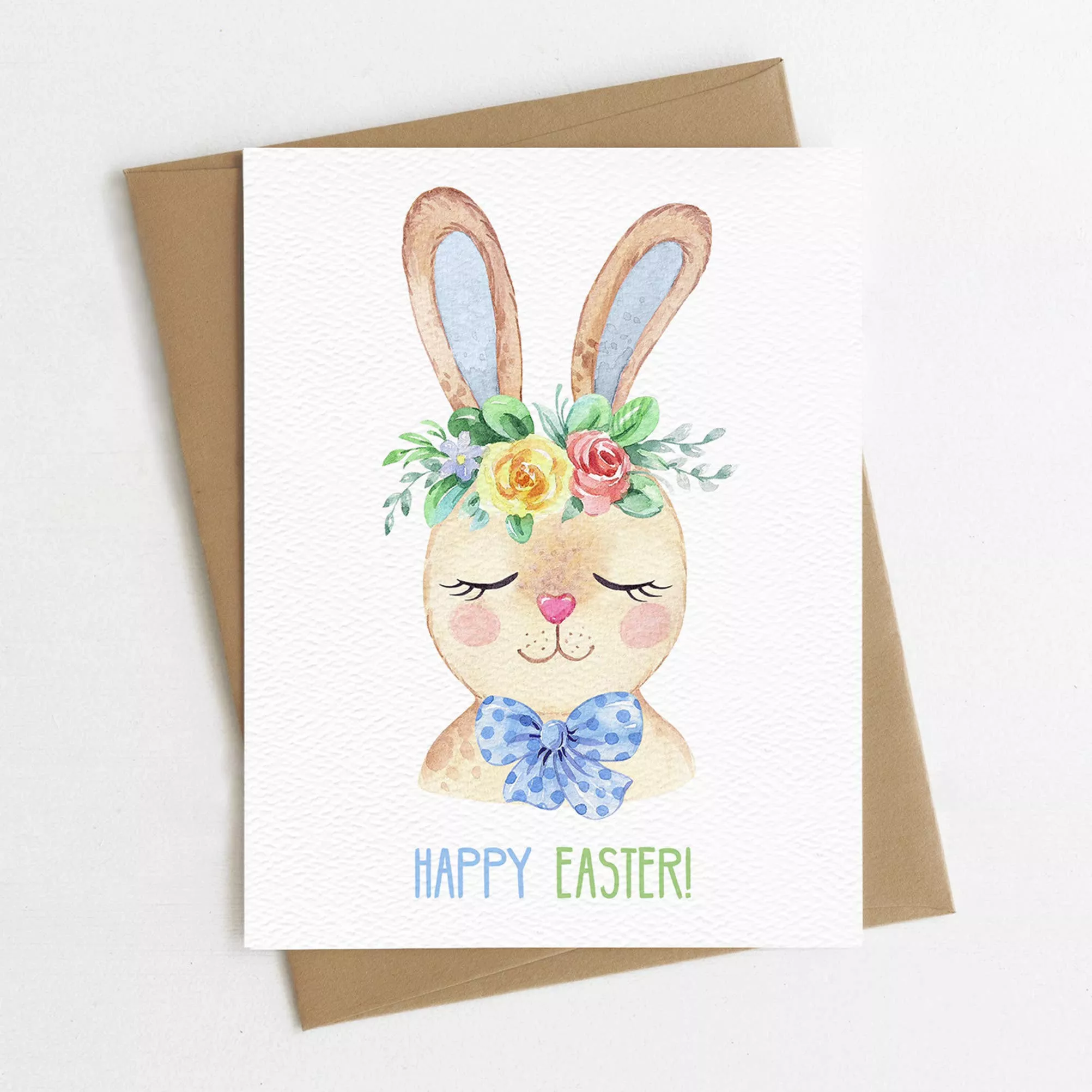 Happy Easter Card, Cute Easter Bunny Card, Eco Friendly: Mint Green Envelopes / Clear Protective Sleeves