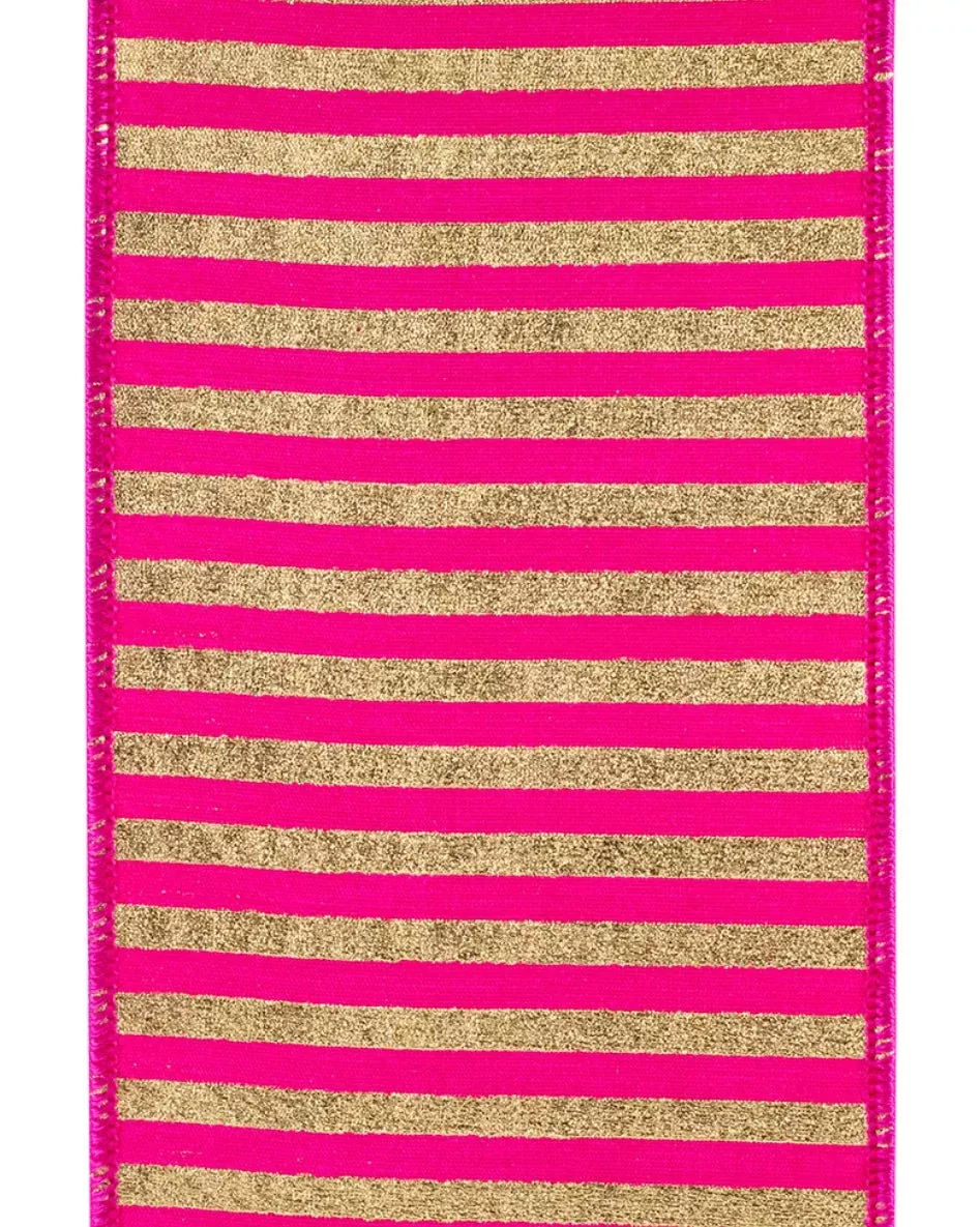 Hot Pink and Gold Stripe Wired Ribbon 4”