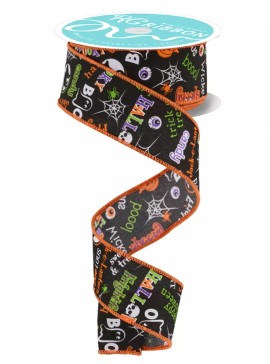 lime green, purple, and orange halloween words ribbon 1.5”