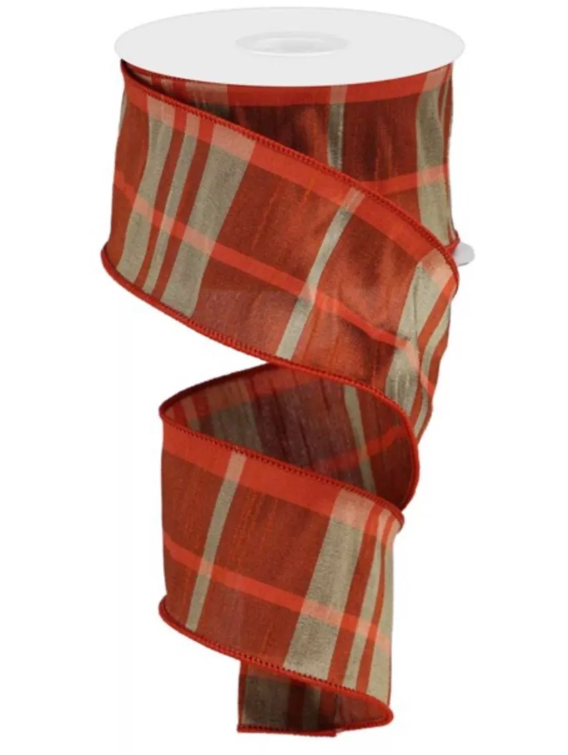 Orange, rust, and beige plaid faux dupioni 2.5” wired ribbon