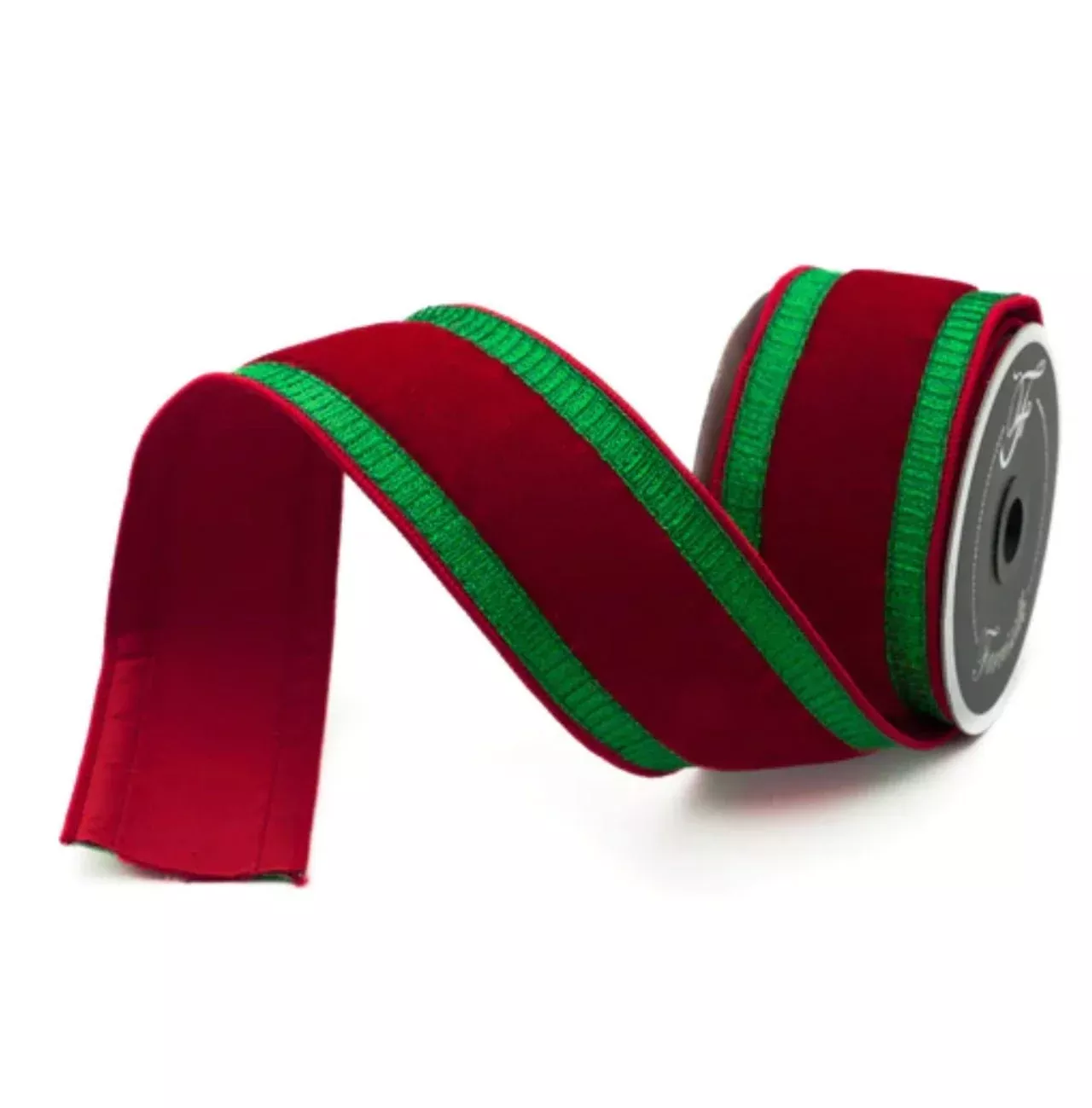 Red plush velvet with green metallic pleated edge 2.5” farrisilk wired ribbon