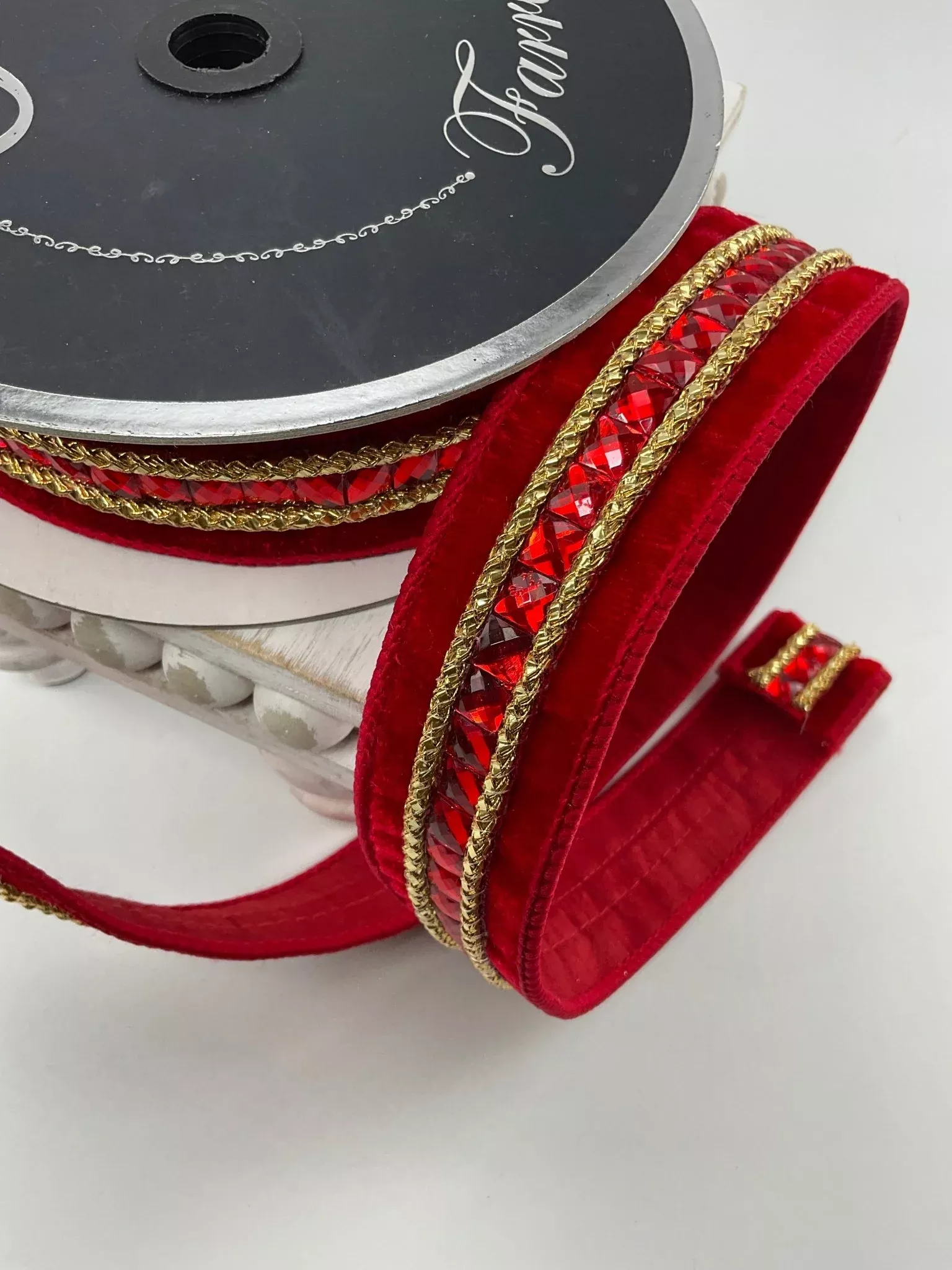Red velvet jewelry gemstones 1.5” farrisilk wired ribbon