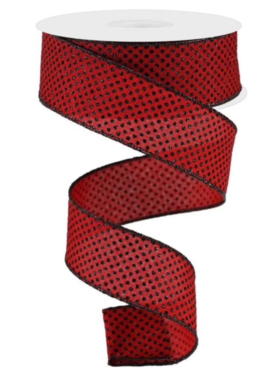 Red with glitter black polka dots wired ribbon 1.5”