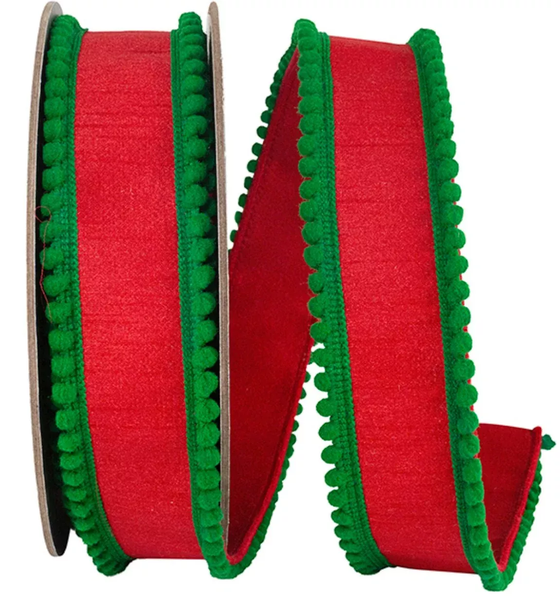 Red with green pompom edge wired ribbon, 1.5”