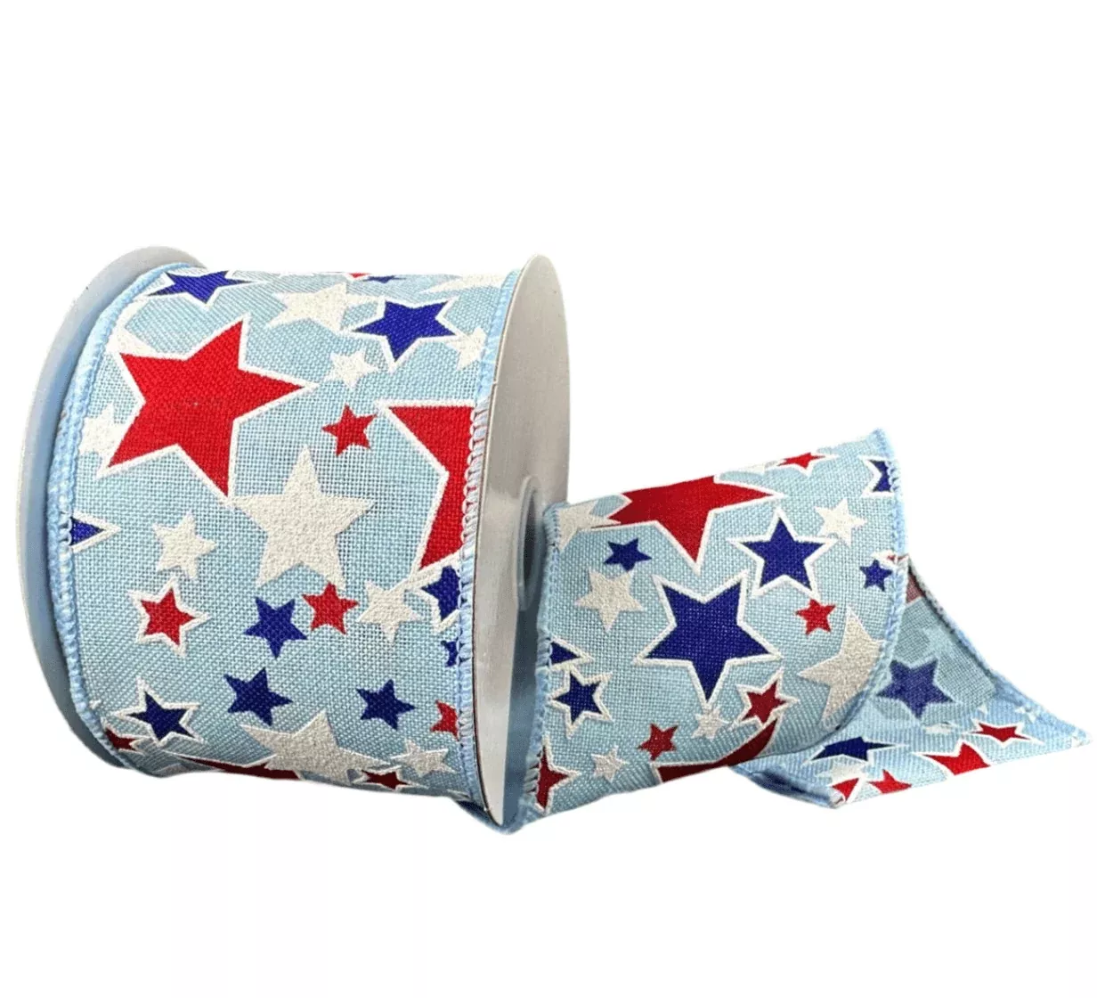 Royal blue, red, and white stars, 2.5" wired ribbon