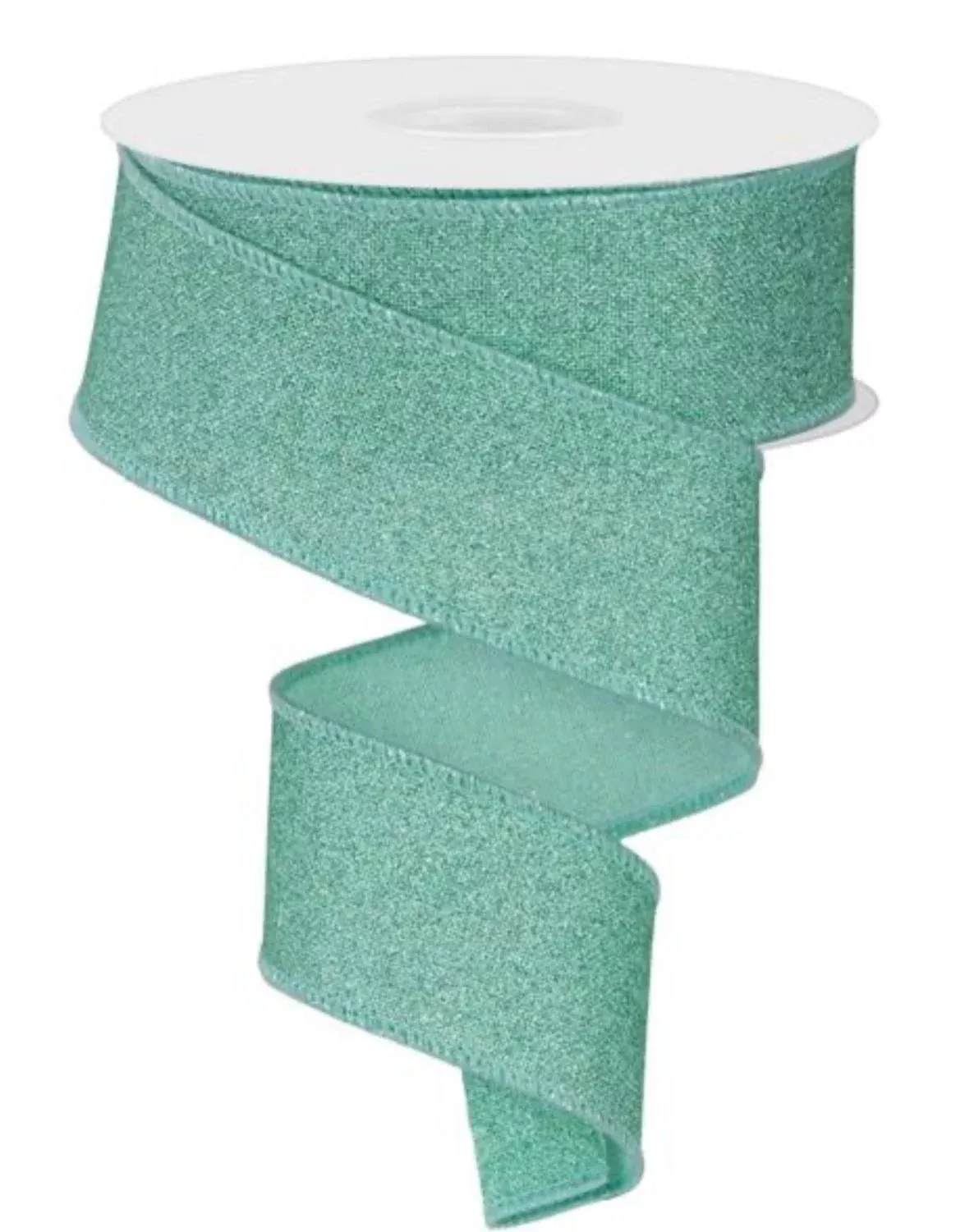 Solid, fine glitter, mint green wired Ribbon 1.5”
