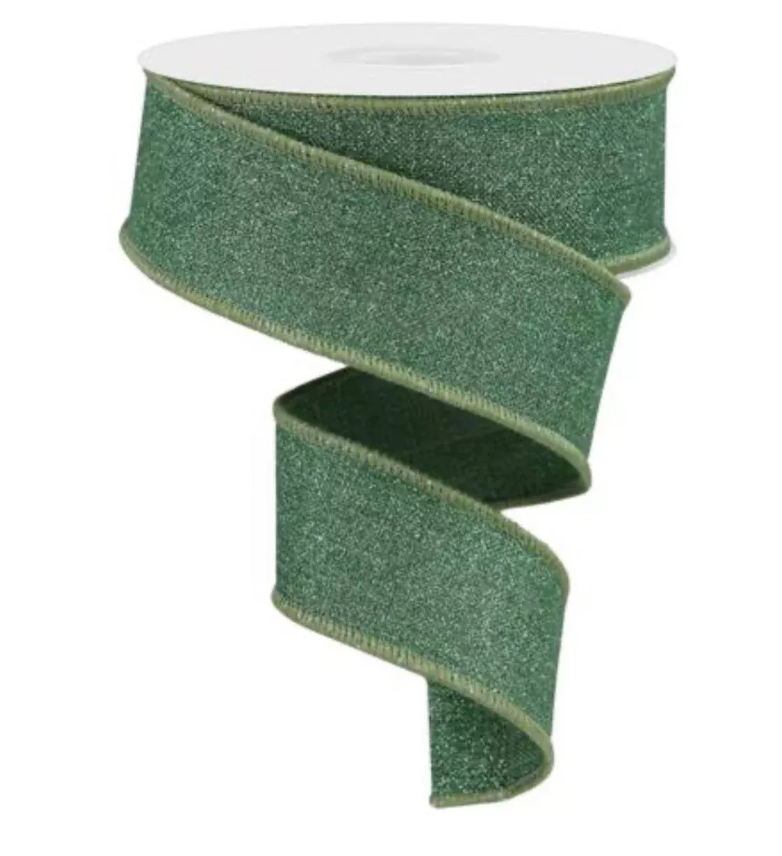 Solid, fine glitter, sage green wired Ribbon 1.5”