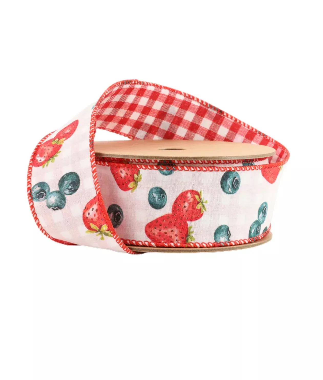 Strawberry and gingham wired ribbon, 1.5”