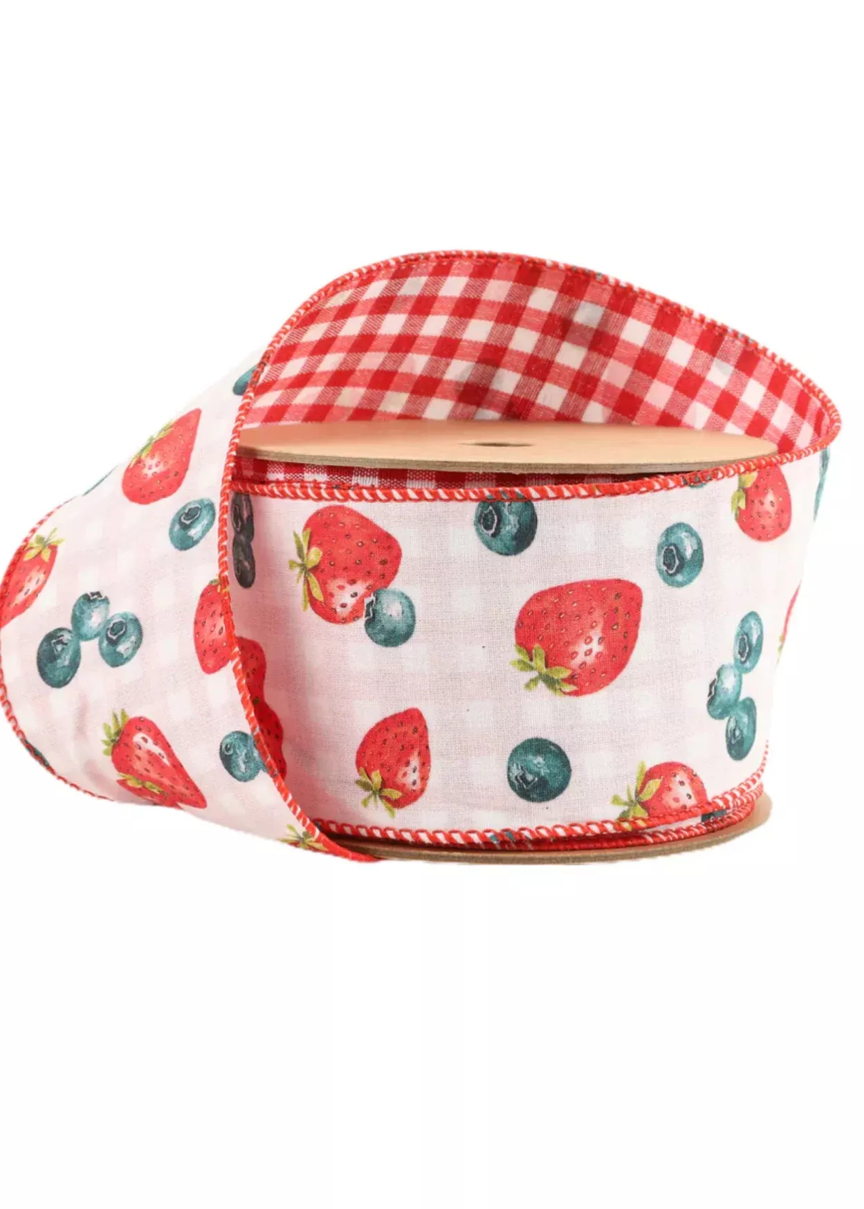 Strawberry and gingham wired ribbon, 2.5”