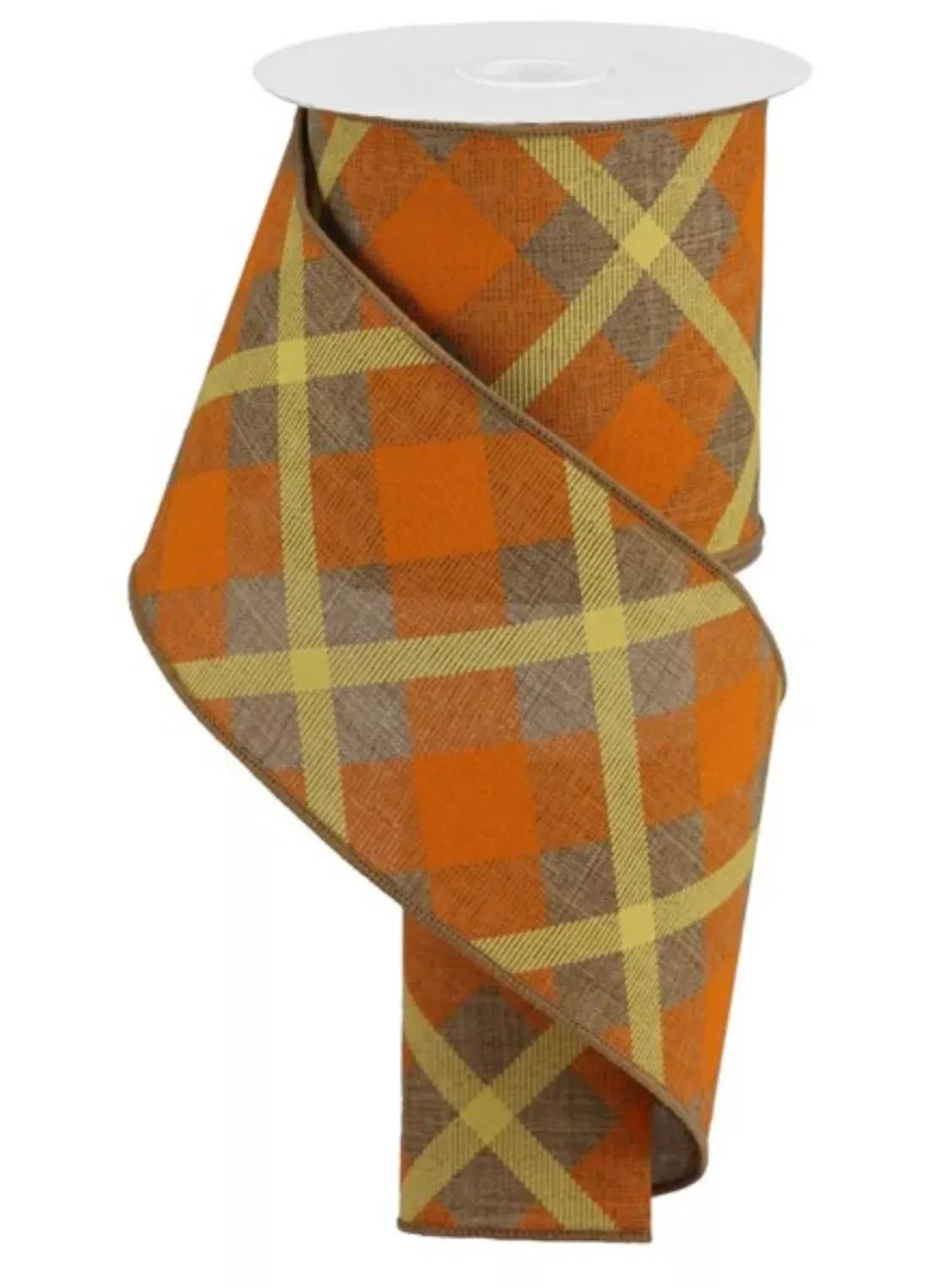 Tan and orange printed plaid on royal 4” wired ribbon