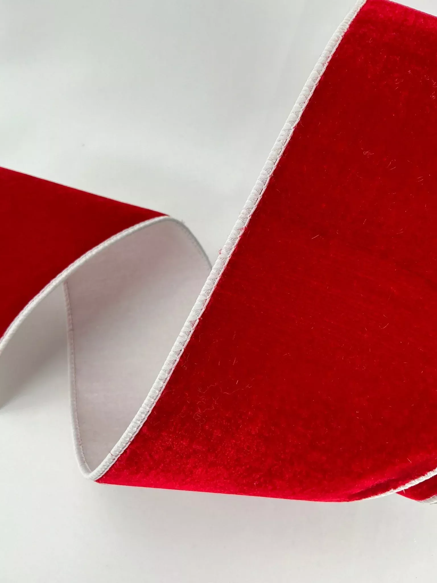 Two tone red and white plush velvet luster 4” farrisilk wired ribbon