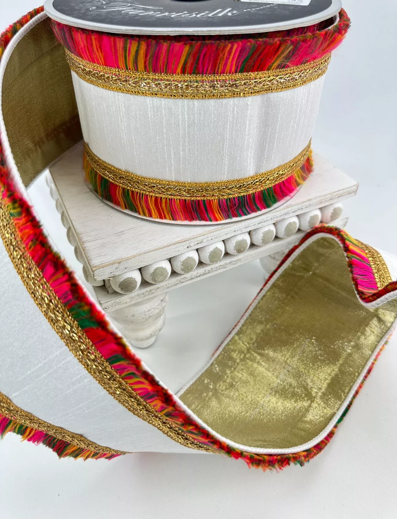 White and gold with festival fringe edge 4” farrisilk wired ribbon