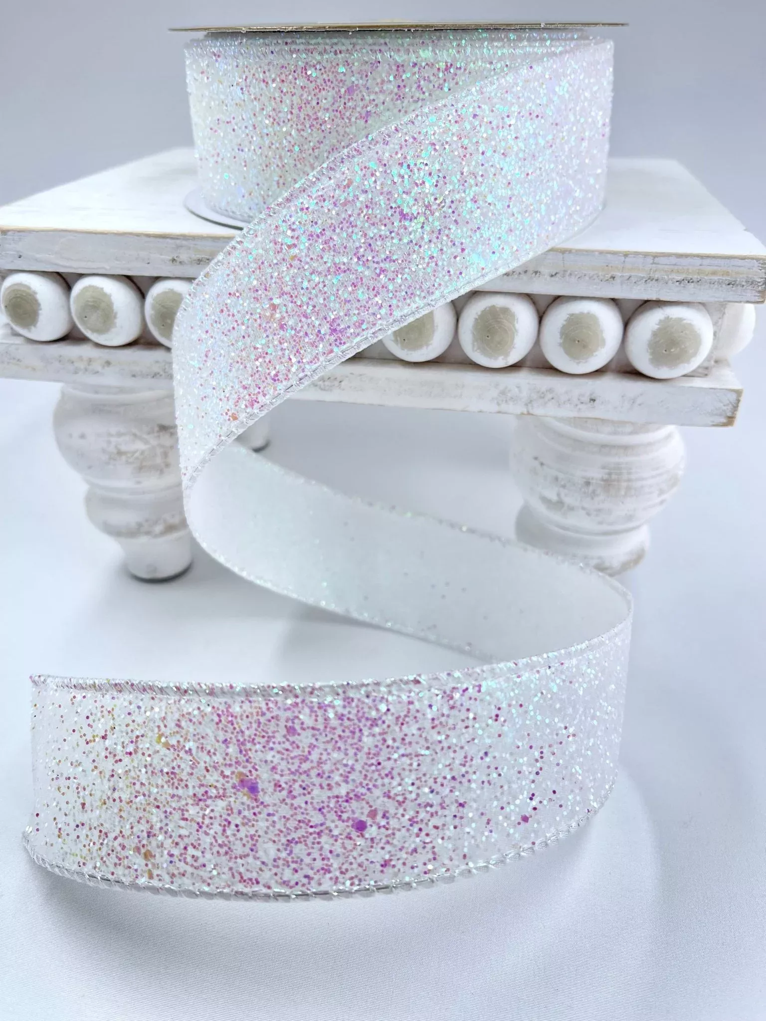 White iridescent glitter wired ribbon, 1.5"