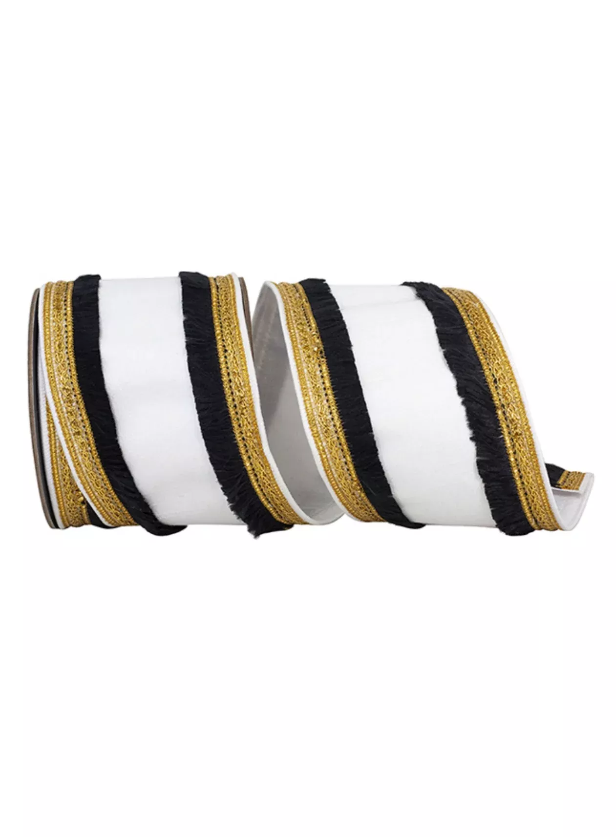 White Plush Velvet With Ornate Fridge Border 4” Wired Ribbon