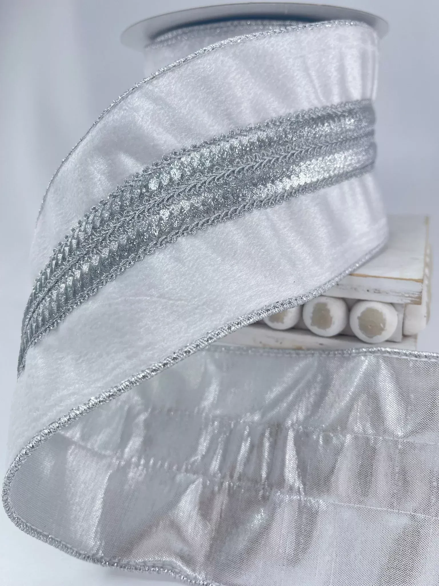 White velvet with silver trim 4” wired ribbon