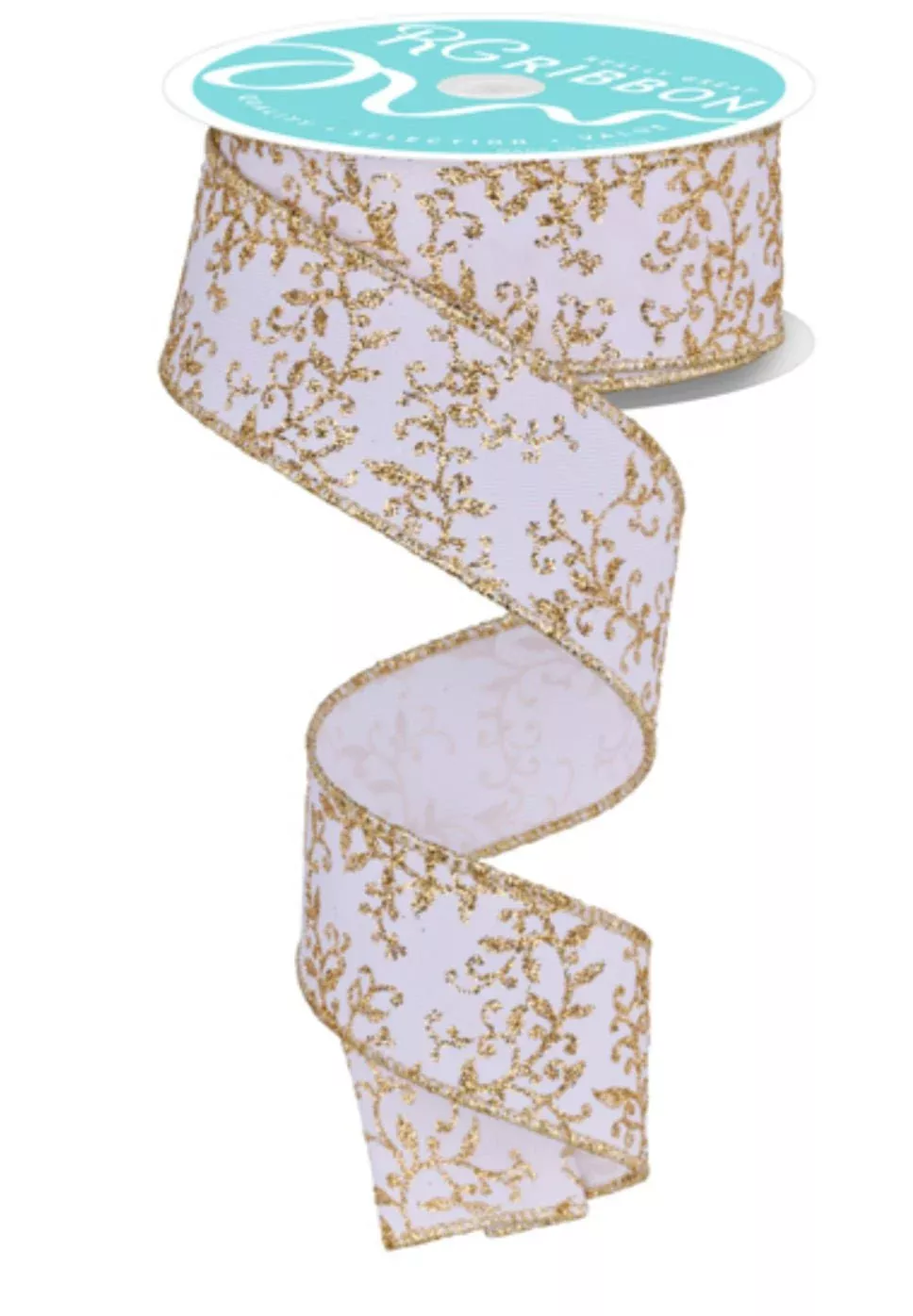 White with gold glitter vine wired ribbon 1.5”