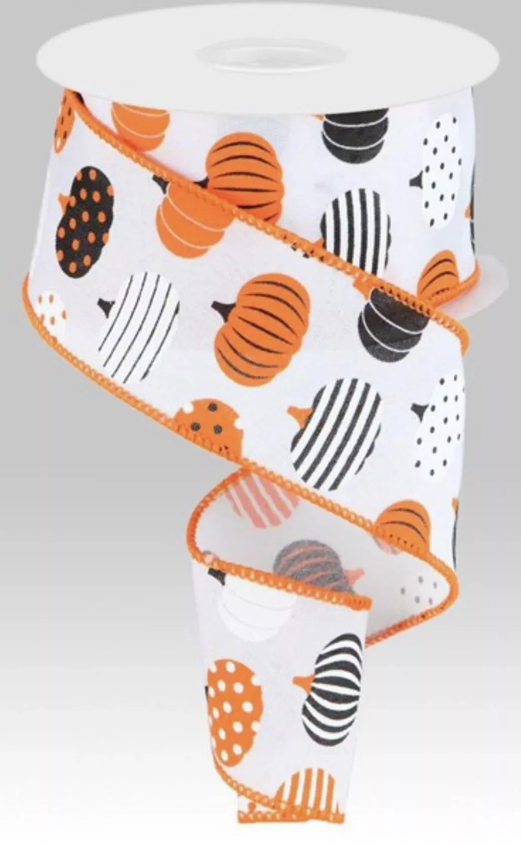White with Orange patterned Pumpkins wired ribbon - 2.5”