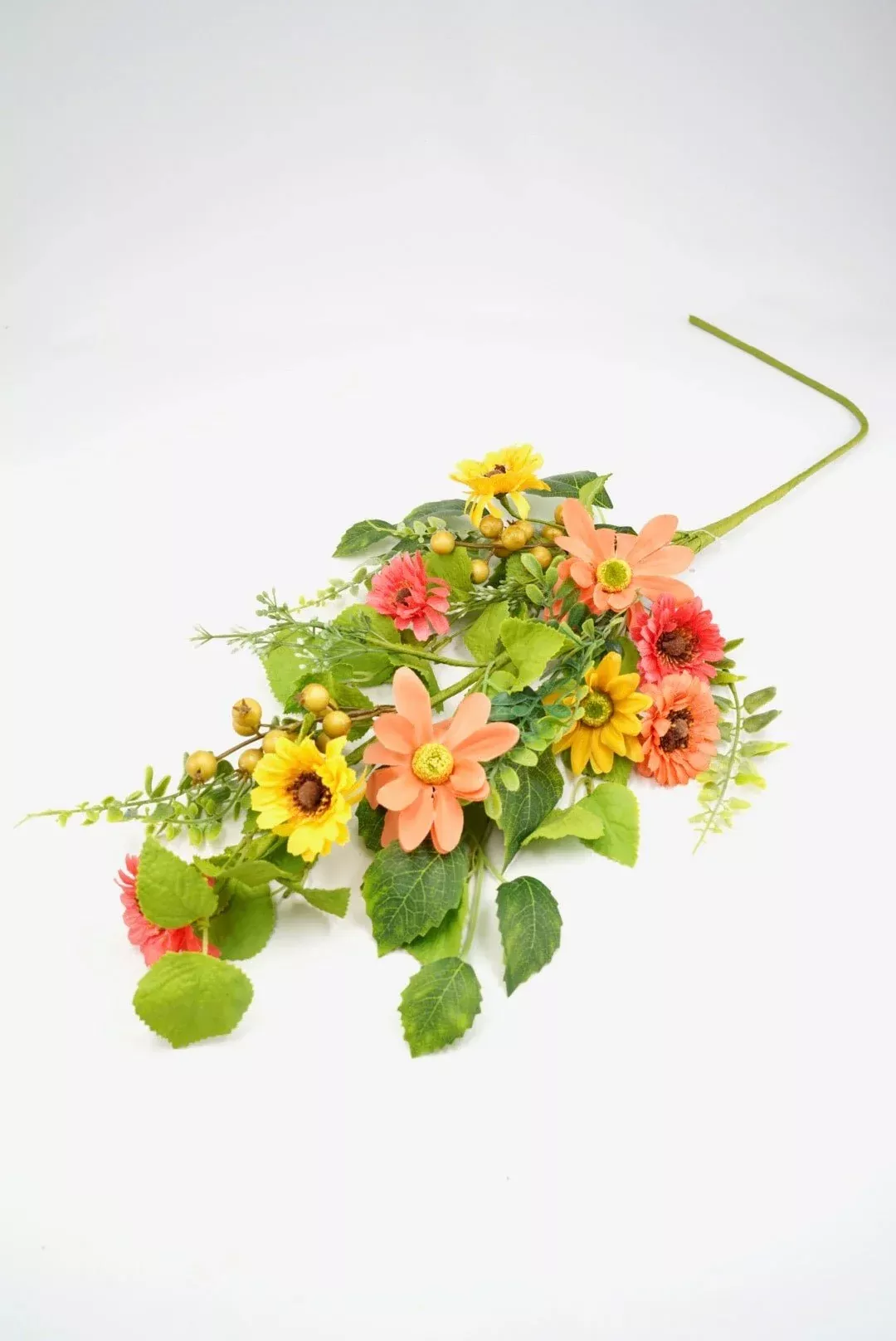 Yellow and Coral Mixed Flower Spray With Greenery