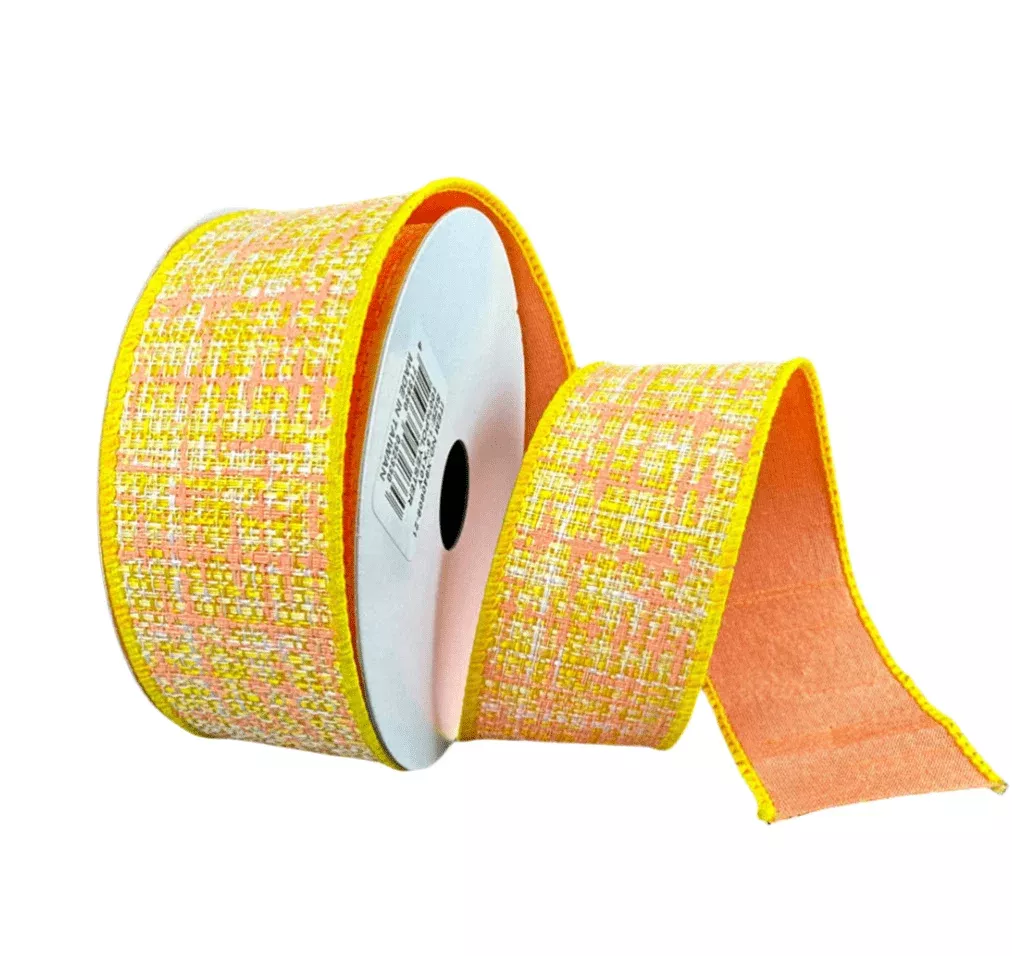 Yellow and Peach Double Sided Tweed Wired Ribbon, 1.5”